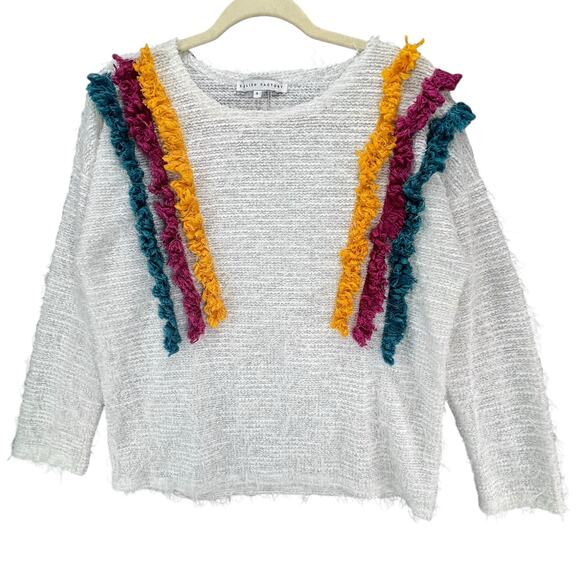English Factory Sweater Womens S White Rainbow Eyelash Fringe Pullover Modern - Picture 1 of 14